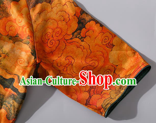 Asian Chinese Traditional Orange Silk Long Qipao Dress Woman Clothing Classical Clouds Pattern Cheongsam