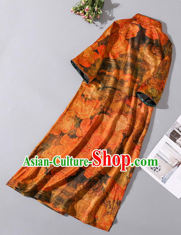 Asian Chinese Traditional Orange Silk Long Qipao Dress Woman Clothing Classical Clouds Pattern Cheongsam