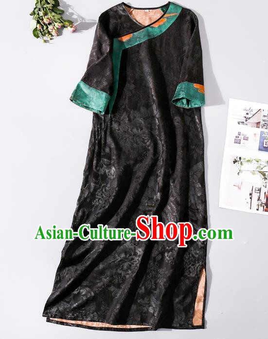 Asian Chinese Classical Jacquard Brocade Cheongsam Clothing Traditional Woman Black Silk Long Qipao Dress