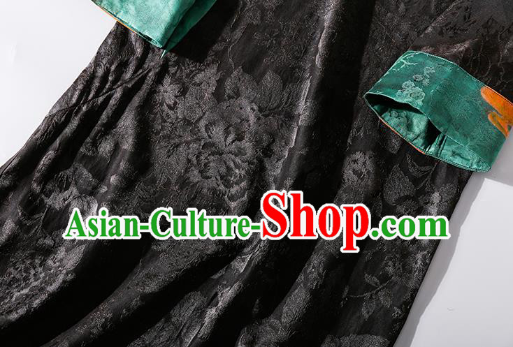 Asian Chinese Classical Jacquard Brocade Cheongsam Clothing Traditional Woman Black Silk Long Qipao Dress