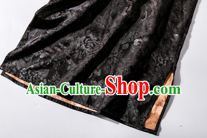 Asian Chinese Classical Jacquard Brocade Cheongsam Clothing Traditional Woman Black Silk Long Qipao Dress