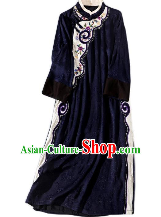 Asian Chinese Traditional Woman Deep Blue Qipao Dress Classical Silk Cheongsam Embroidered Clothing