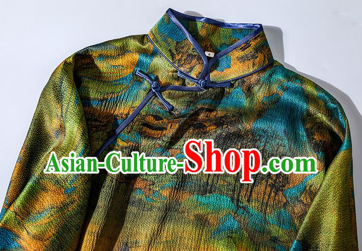 Asian Chinese Classical Stand Collar Cheongsam Clothing Traditional Green Silk Qipao Dress