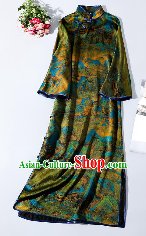 Asian Chinese Classical Stand Collar Cheongsam Clothing Traditional Green Silk Qipao Dress