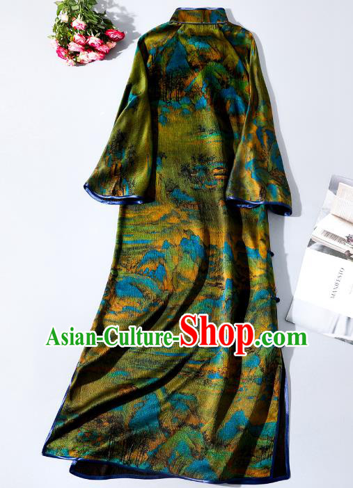 Asian Chinese Classical Stand Collar Cheongsam Clothing Traditional Green Silk Qipao Dress