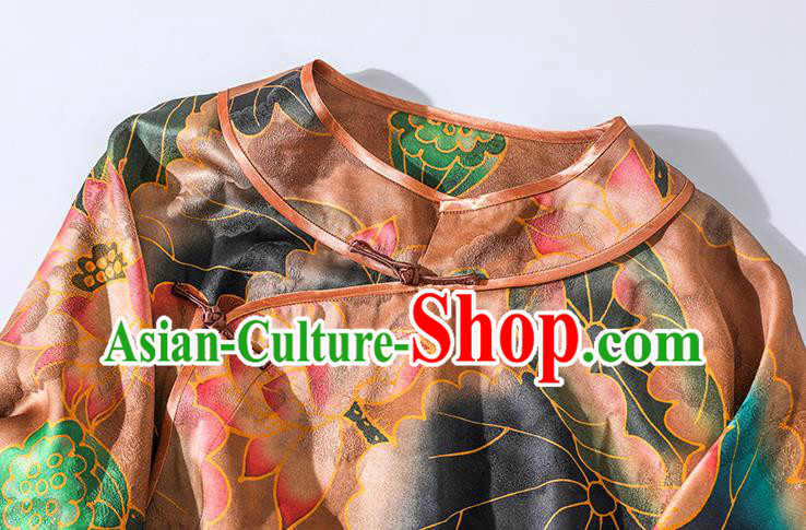 Asian Chinese Classical Orange Silk Cheongsam National Clothing Traditional Lotus Pattern Qipao Dress
