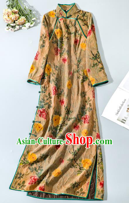 Asian Chinese Classical Silk Cheongsam National Shanghai Beauty Clothing Traditional Ginger Qipao Dress