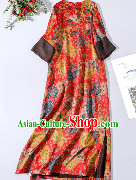 Asian Chinese Classical Printing Camellia Cheongsam Traditional Red Silk Qipao Dress Clothing