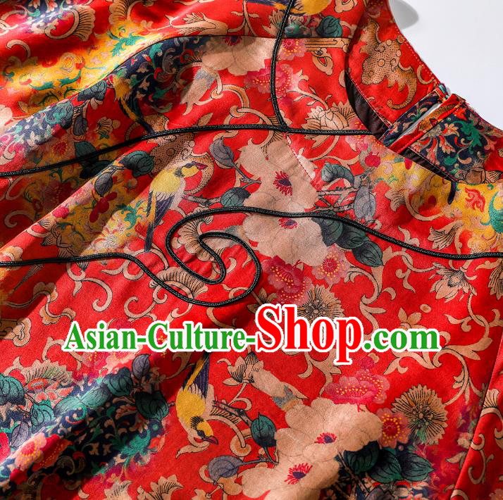 Asian Chinese Classical Printing Camellia Cheongsam Traditional Red Silk Qipao Dress Clothing