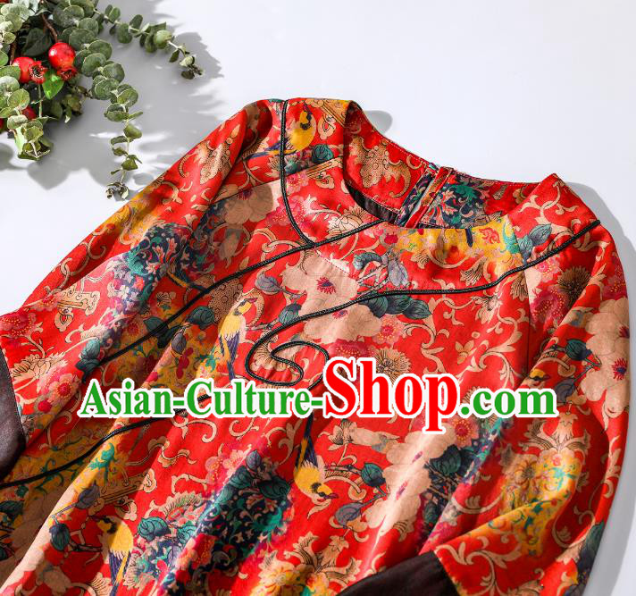 Asian Chinese Classical Printing Camellia Cheongsam Traditional Red Silk Qipao Dress Clothing