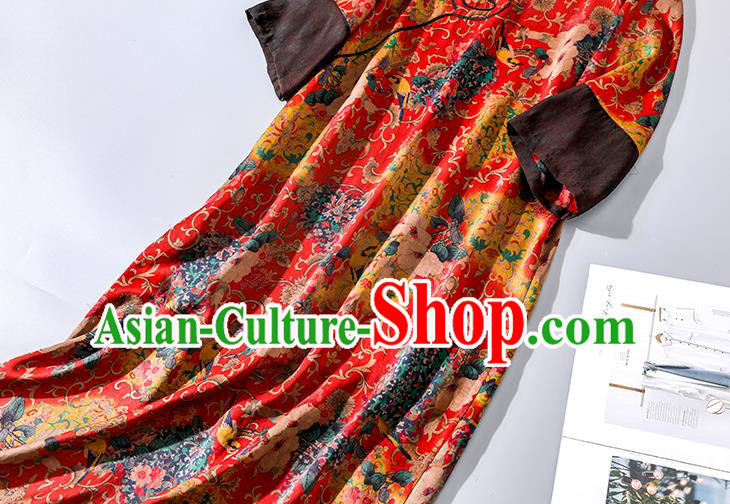 Asian Chinese Classical Printing Camellia Cheongsam Traditional Red Silk Qipao Dress Clothing