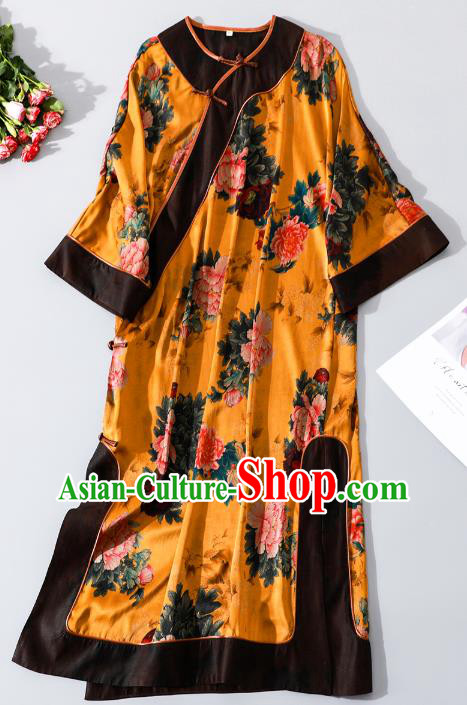 Asian Chinese Traditional Yellow Silk Qipao Dress Clothing Classical Peony Pattern Cheongsam