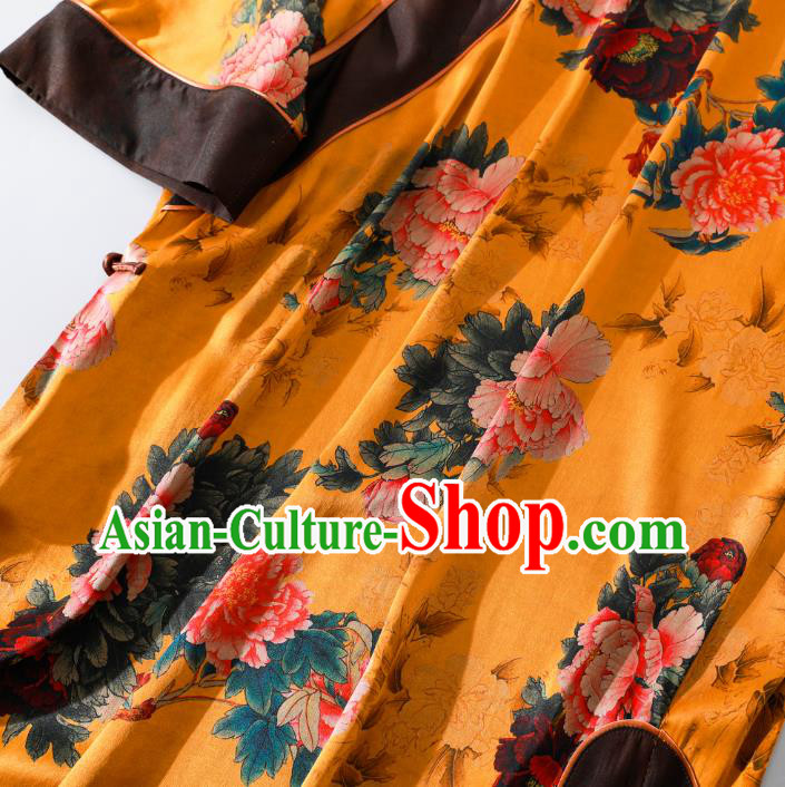 Asian Chinese Traditional Yellow Silk Qipao Dress Clothing Classical Peony Pattern Cheongsam