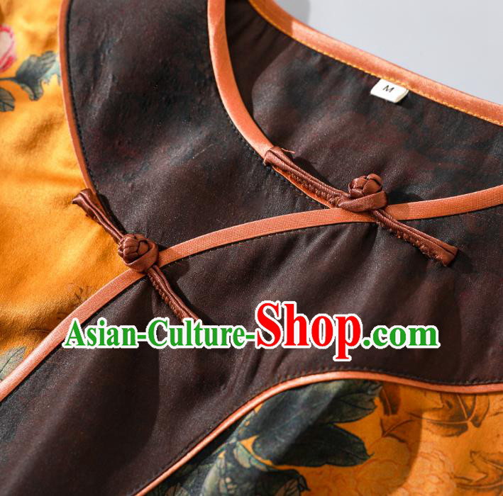 Asian Chinese Traditional Yellow Silk Qipao Dress Clothing Classical Peony Pattern Cheongsam