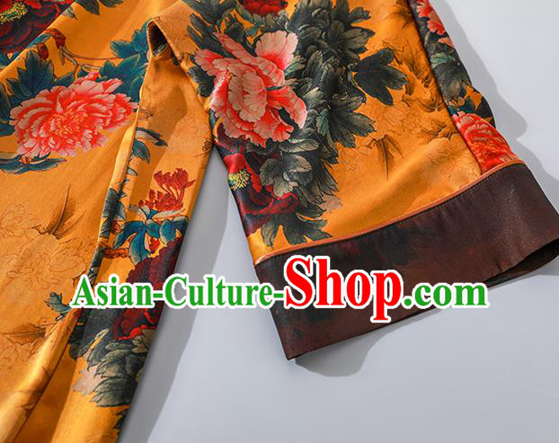 Asian Chinese Traditional Yellow Silk Qipao Dress Clothing Classical Peony Pattern Cheongsam