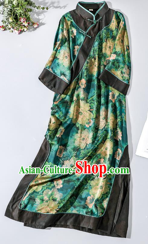 Asian Chinese Classical Peony Pattern Design Green Silk Cheongsam Traditional Old Shanghai Qipao Dress Clothing