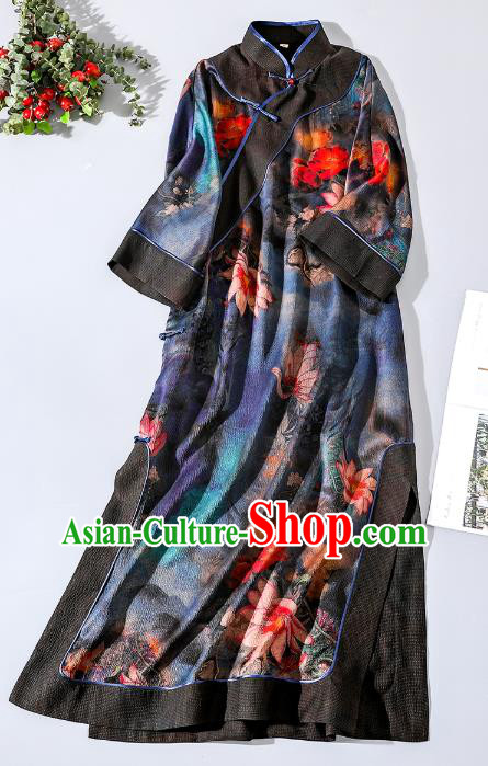Asian Chinese Classical Lotus Pattern Design Cheongsam Traditional Shanghai Deep Blue Silk Qipao Dress Clothing