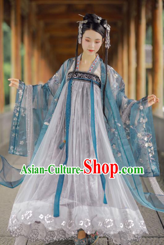 Chinese Ancient Palace Lady Blue Hanfu Dress Traditional Tang Dynasty Royal Princess Historical Costumes