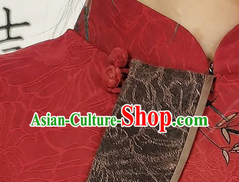 Asian Chinese Classical Stand Collar Cheongsam Costume Traditional Printing Orchids Red Silk Qipao Dress