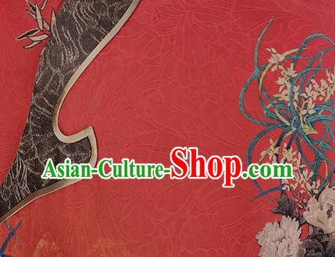 Asian Chinese Classical Stand Collar Cheongsam Costume Traditional Printing Orchids Red Silk Qipao Dress