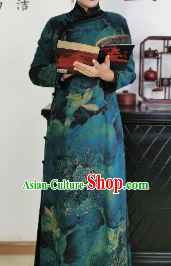 Asian Chinese Classical Lotus Pattern Cheongsam Costume Traditional Dark Green Silk Qipao Dress