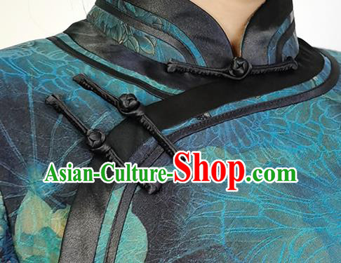 Asian Chinese Classical Lotus Pattern Cheongsam Costume Traditional Dark Green Silk Qipao Dress