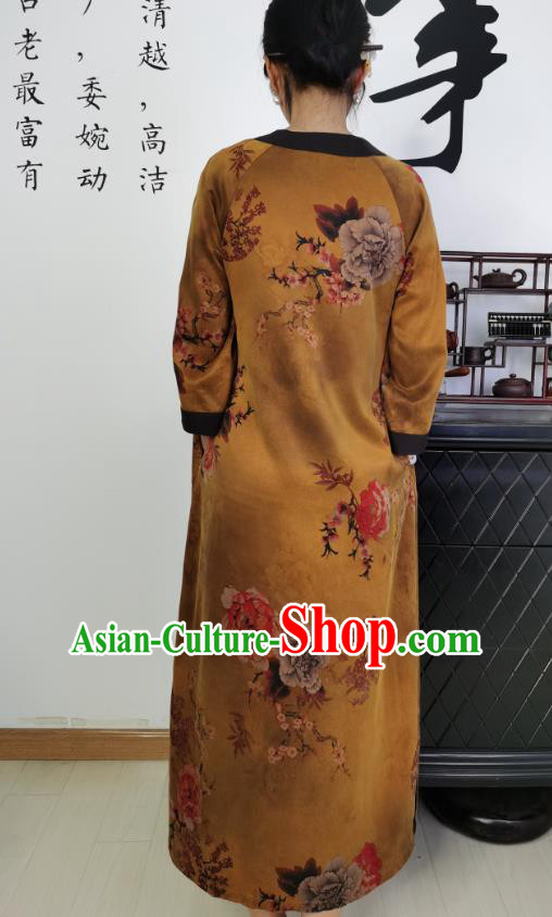 Asian Chinese Traditional Ginger Silk Qipao Dress Classical Peony Pattern Cheongsam Costume