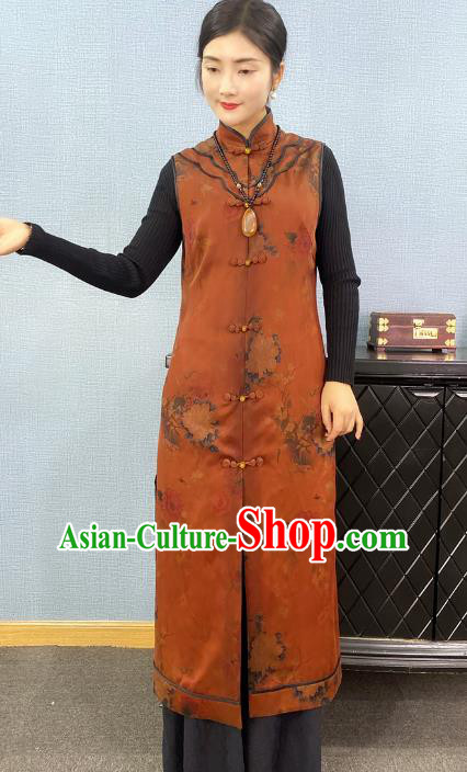 Chinese Traditional National Costume Women Brown Silk Long Vest Tang Suit Waistcoat