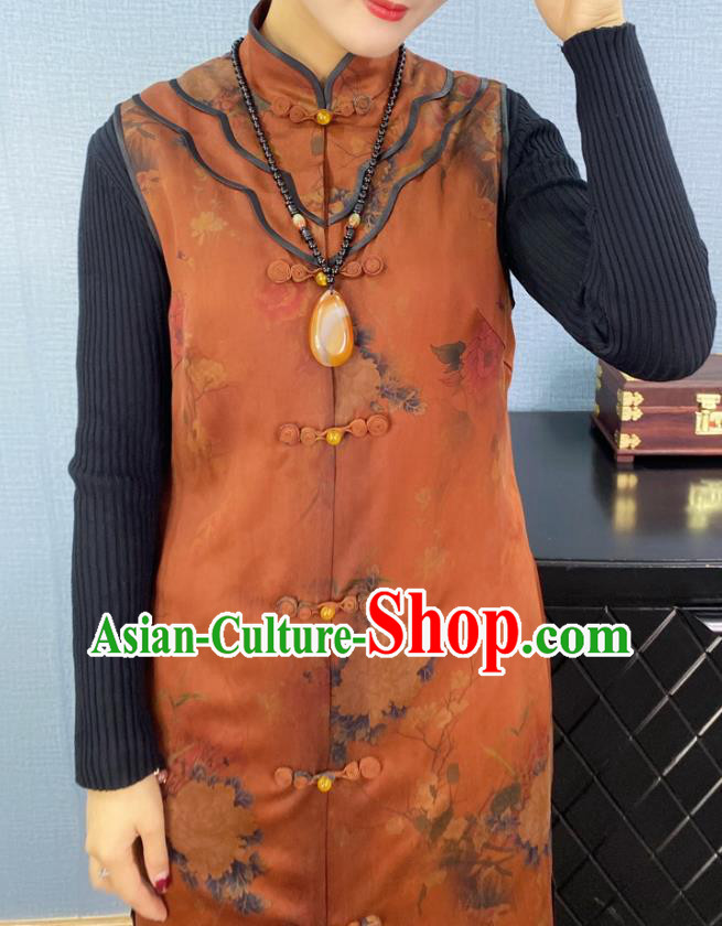 Chinese Traditional National Costume Women Brown Silk Long Vest Tang Suit Waistcoat