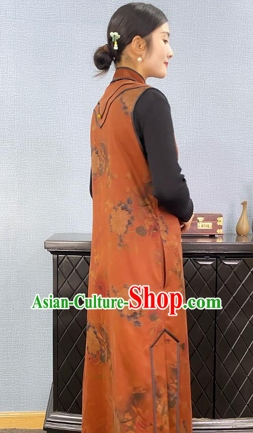 Chinese Traditional National Costume Women Brown Silk Long Vest Tang Suit Waistcoat