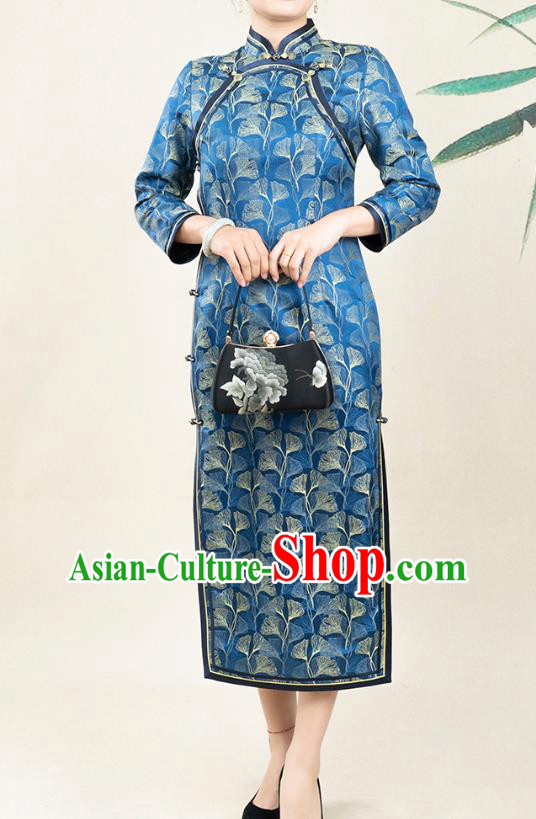 Asian Chinese Classical Shell Pattern Blue Silk Cheongsam Costume Traditional Mother Song Brocade Qipao Dress