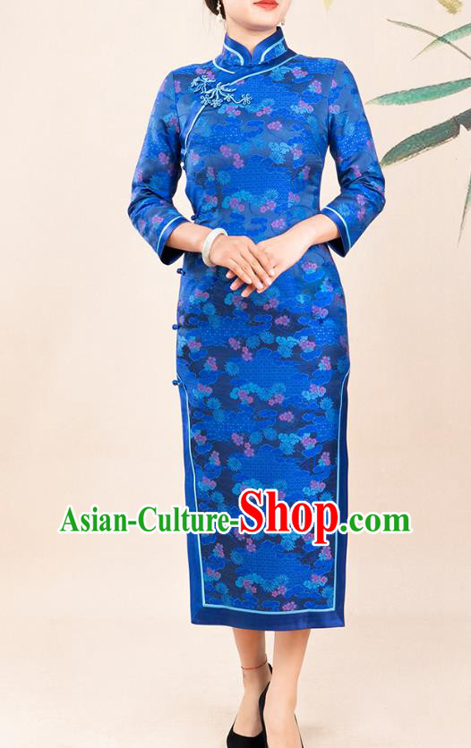 Asian Chinese Traditional Wedding Mother Song Brocade Qipao Dress Classical Royalblue Silk Cheongsam Costume