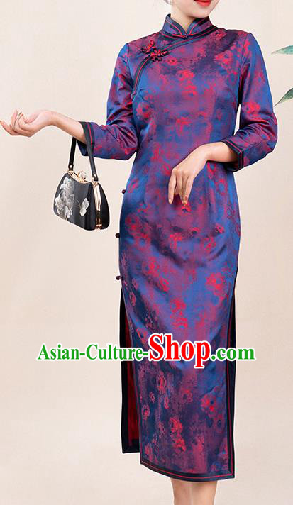 Asian Chinese Classical Silk Cheongsam Costume Traditional Noble Mistress Purple Brocade Qipao Dress