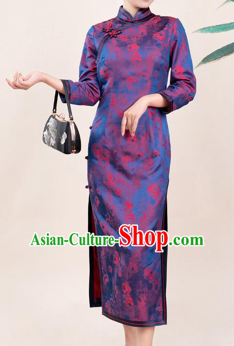Asian Chinese Classical Silk Cheongsam Costume Traditional Noble Mistress Purple Brocade Qipao Dress