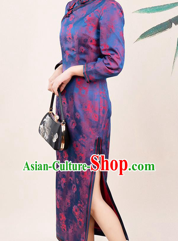 Asian Chinese Classical Silk Cheongsam Costume Traditional Noble Mistress Purple Brocade Qipao Dress