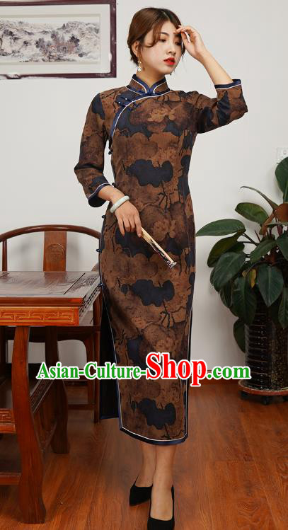 Asian Chinese Traditional Shanghai Debutante Qipao Dress Young Beauty Classical Brown Silk Cheongsam Costume
