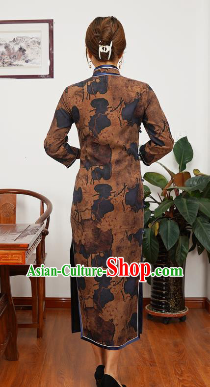 Asian Chinese Traditional Shanghai Debutante Qipao Dress Young Beauty Classical Brown Silk Cheongsam Costume