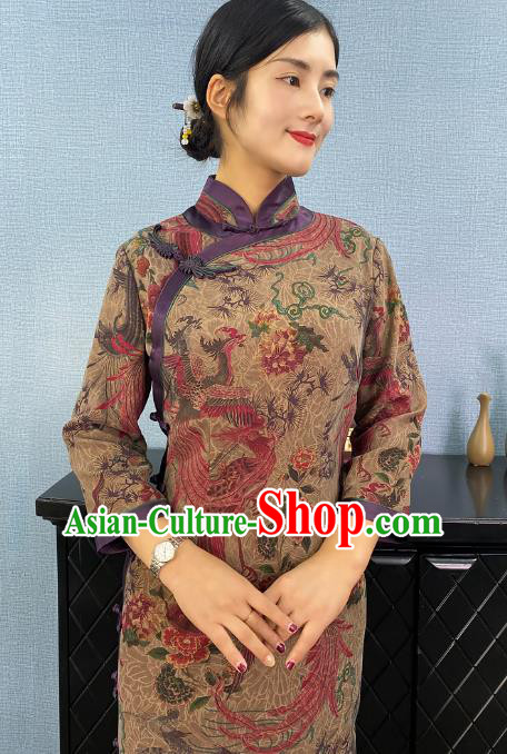 Asian Chinese Classical Phoenix Peony Pattern Ginger Cheongsam Costume Traditional Shanghai Beauty Qipao Dress
