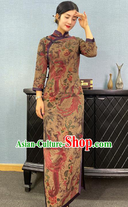 Asian Chinese Classical Phoenix Peony Pattern Ginger Cheongsam Costume Traditional Shanghai Beauty Qipao Dress