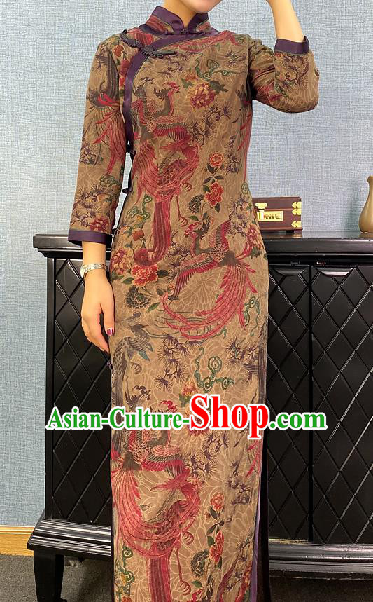 Asian Chinese Classical Phoenix Peony Pattern Ginger Cheongsam Costume Traditional Shanghai Beauty Qipao Dress