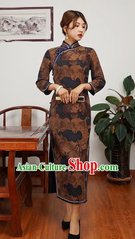 Asian Chinese Young Beauty Classical Lotus Pattern Brown Silk Cheongsam Costume Traditional Shanghai Lady Qipao Dress