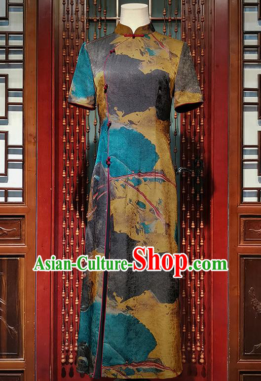 Asian Chinese Traditional Aodai Qipao Dress Classical Printing Silk Cheongsam Costume