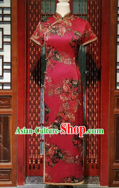 Asian Chinese Traditional Wedding Red Qipao Dress National Woman Clothing Classical Bride Silk Cheongsam