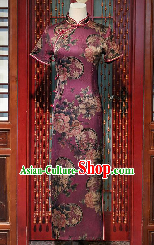 Asian Chinese Traditional Bride Mother Qipao Dress National Woman Clothing Classical Peony Pattern Purple Brocade Cheongsam