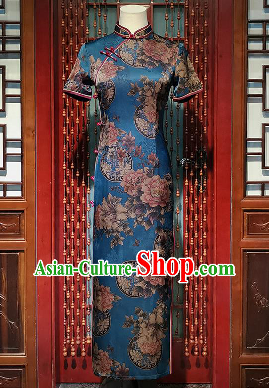 Asian Chinese Classical Peony Pattern Blue Brocade Cheongsam Traditional Bride Mother Qipao Dress National Woman Clothing