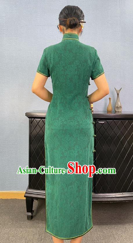 Asian Chinese Classical Young Beauty Cheongsam Costume Traditional Jacquard Green Silk Qipao Dress
