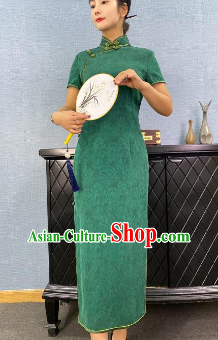 Asian Chinese Classical Young Beauty Cheongsam Costume Traditional Jacquard Green Silk Qipao Dress