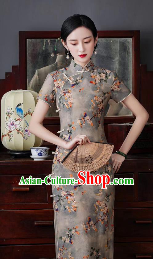 Asian Chinese Traditional Printing Mangnolia Qipao Dress National Young Lady Clothing Classical Grey Cheongsam