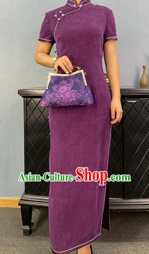 Asian Chinese Traditional Jacquard Purple Silk Qipao Dress Classical Young Mistress Cheongsam Costume