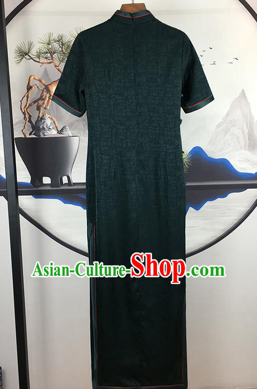 Chinese Classical Young Mistress Cheongsam Traditional Deep Green Silk Qipao Dress Clothing